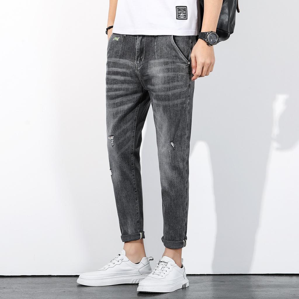 Men's Jeans Stretch-fitting Ripped Trousers Versatile Slim-looking Nine-point Pants