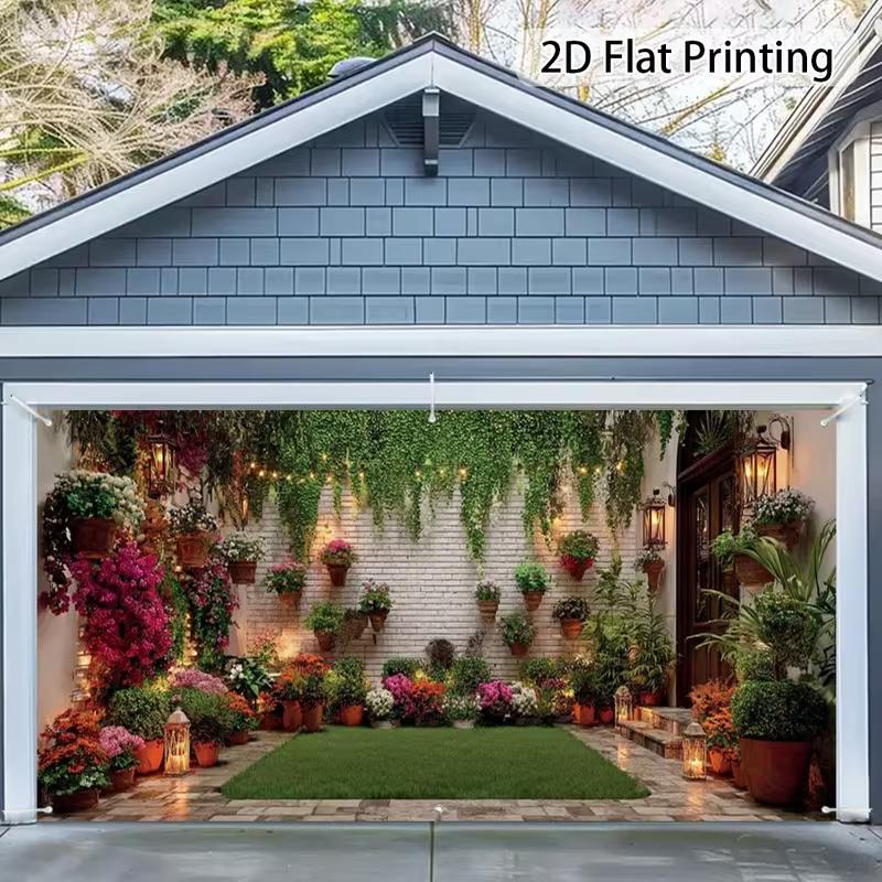 Cozy Courtyard Garden Tapestry, White Brick Wall Covered in Hanging Vines, Colorful Blooms and Warm Lanterns, Calming Boho Wall Art