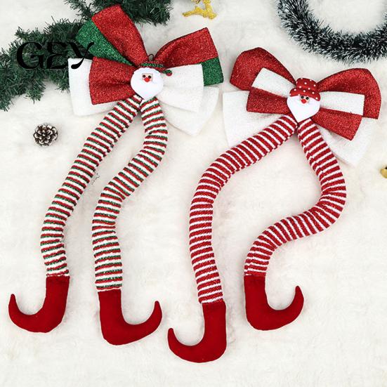 Winter Holiday Home Decoration Christmas Long Legs Bow Ornament, Plush Velvet Hanging Decor with Bendable Soft Ornaments for Xmas Tree Legs, Red White