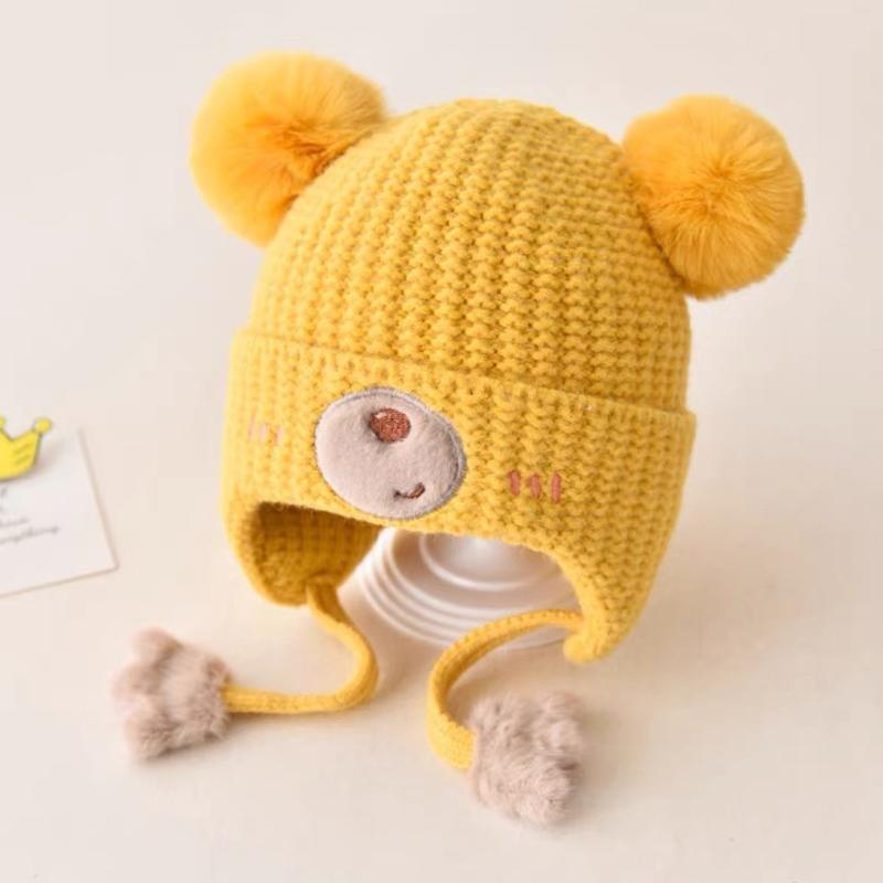 Baby Wool Hat For Boy Girls Cute Bear Ear Protection Hat Children Winter Thickened Warm Knitted Korean Cute Pompom Baby Hat