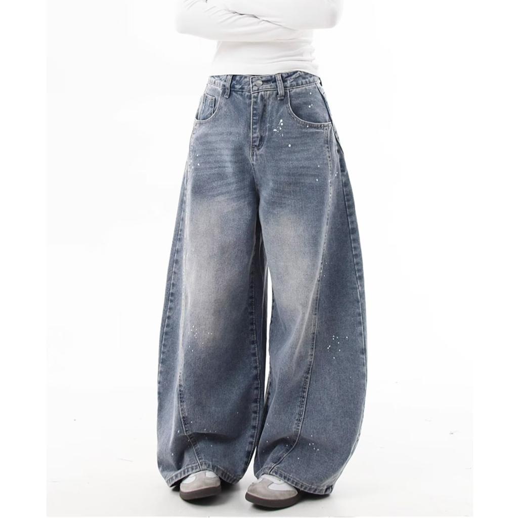 Washed jeans men's and women's casual loose lumberjack scimitar silhouette banana pants wide leg trend