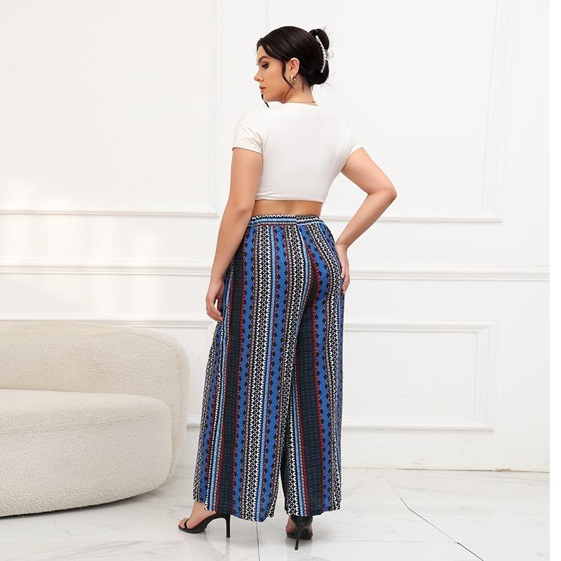 Women's Bohemian Waist Wide Leg Trousers Casual Loose Plus Size Pants Vintage High Waist For Female Trousers Chic Fashion Straight Pants Beach Pants