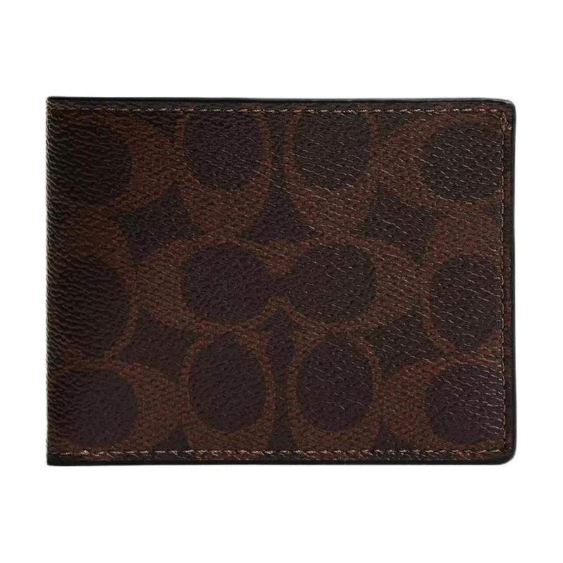 

COACH Signature 10 facing presbyopic print design coated canvas and calfskin wallet regular men s maple brown maple brown коричневий
