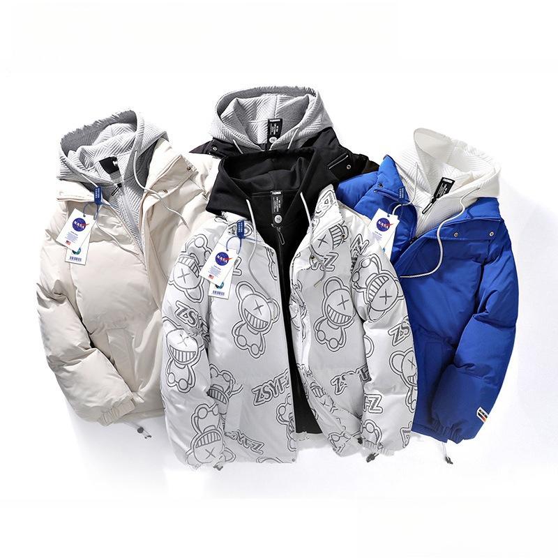 Men's Pure-colored Down Jacket Fake Two-piece Hooded Cotton Jacket Autumn and Winter Couple's Thickened Jacket Simple Cotton Jacket