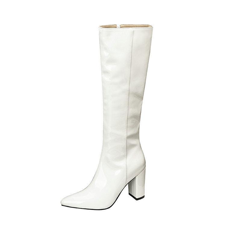  high boots pointed patent leather thick heel high heel side zipper  knee boots nightclub dance performance boots