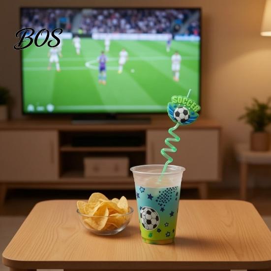 Reusable Plastic Straw 5Pcs Colorful Soccer Spiral Straws, Drinking Straws for Birthday Party Party, Football Theme Celebration Beverage Decor Unique