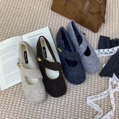 Autumn and Winter Cute Round Head Velvet Mary Jane Shoes Single Shoes Flat Heel Evening Wind Fairy Warm Soft Sole Beanie Cotton Shoes Woman