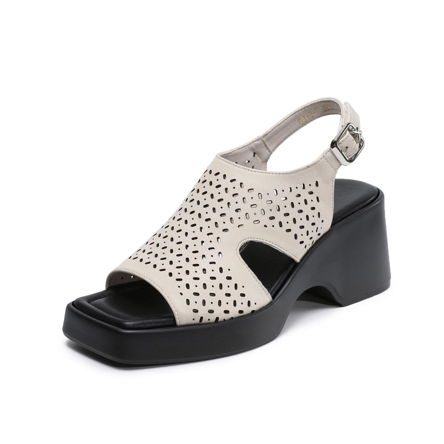 

Johnature Thick Soled High Heels Roman Sandals Coarse Heel Hollow-out Breathable Genuine Leather Women s Shoes 34 бежевый