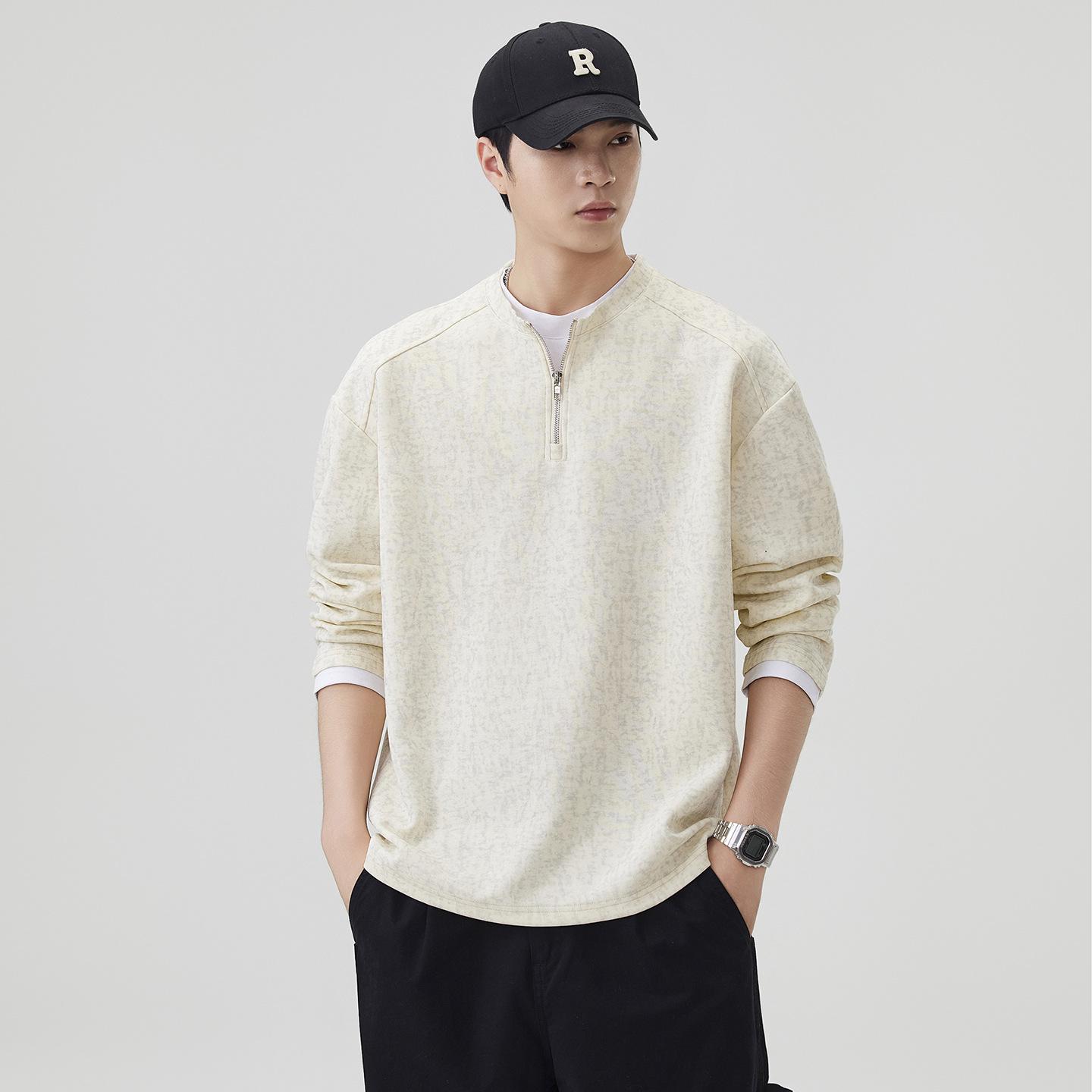 

2025 Autumn/Winter Men s Trendy Heavyweight Round Neck Hoodie Pullover, Zippered Fake Two-Piece Long Sleeve Shirt Extra Large бежевий