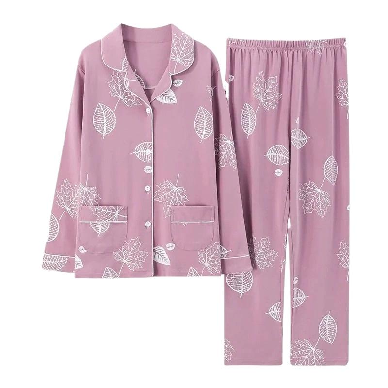 Pigiama in Cotone da Donna Primavera e Autunno Manica Lunga Indumento Esterno Servizio Casalingo Coreano Completo Camicia e Pantaloni a Manica Lunga