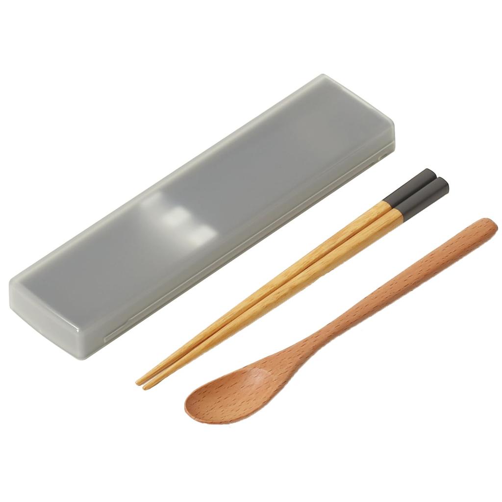 ansio Silent Antibacterial Chopsticks and Spoon with Lid and Chopstick Natural Dishwasher Made in Set, 18cm, Pull-Out Case, Wood, Gray, Safe, Japan,