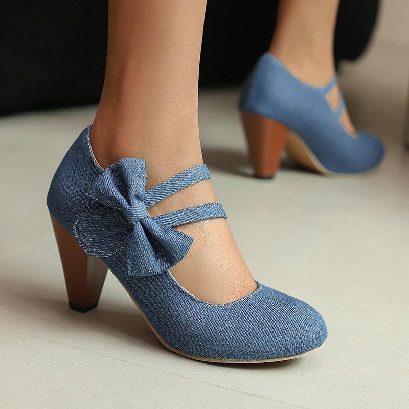 

Bow Round Head Chunky Heels Velcro Work Shoes for Women 34