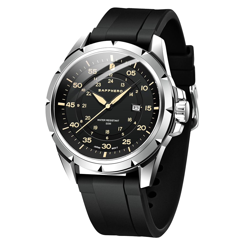 SAPPHERO Men's Analog Watch, 50M Water Resistant, Luminous Hands, Silicone Band, Date Display, Easy to Read, Suitable for Business, Outdoors, and