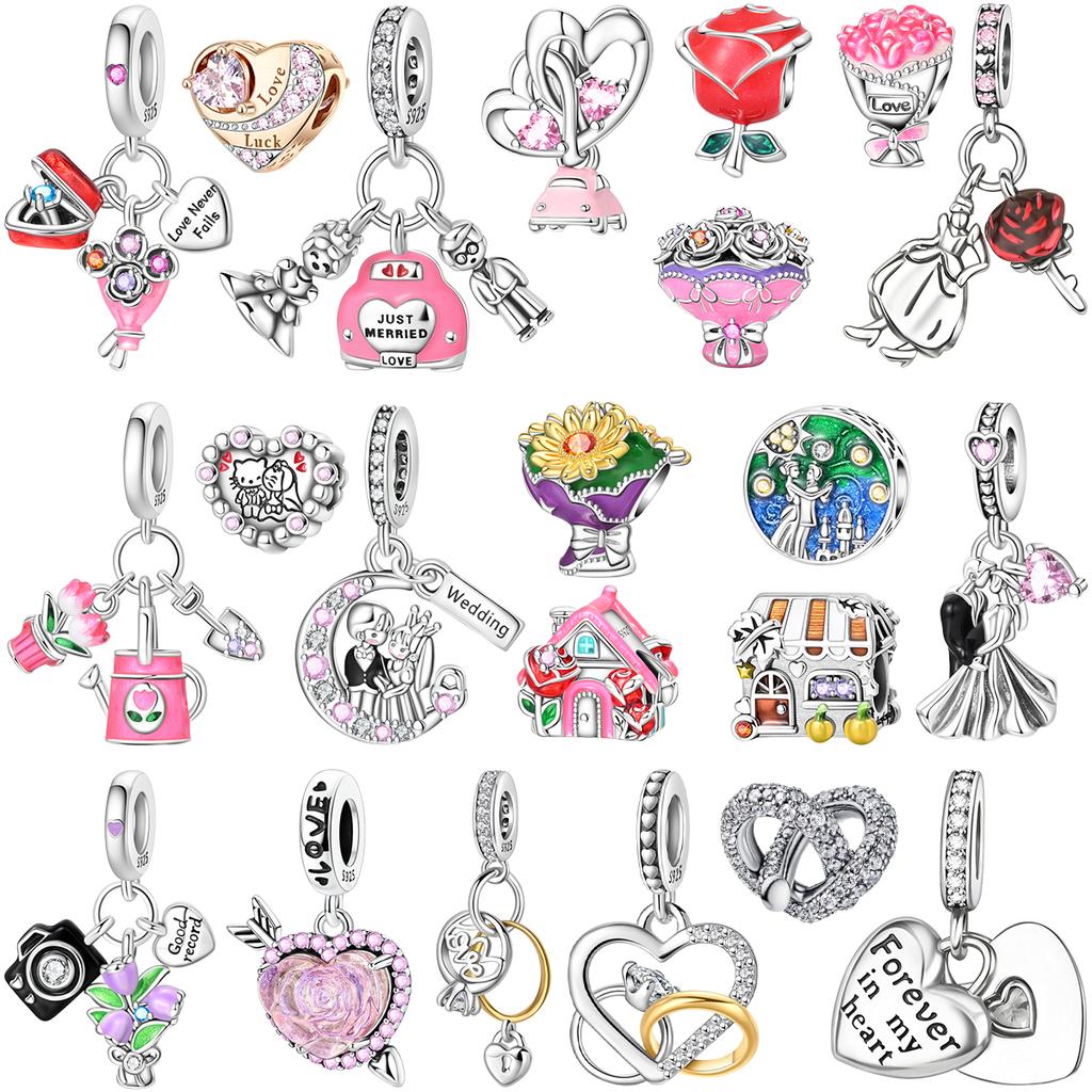 Original Copper Romantic Wedding Charms Bouquet Ring Rose Heart Beads Pendants Fit Bracelets Diy Fine Jewelry Gifts