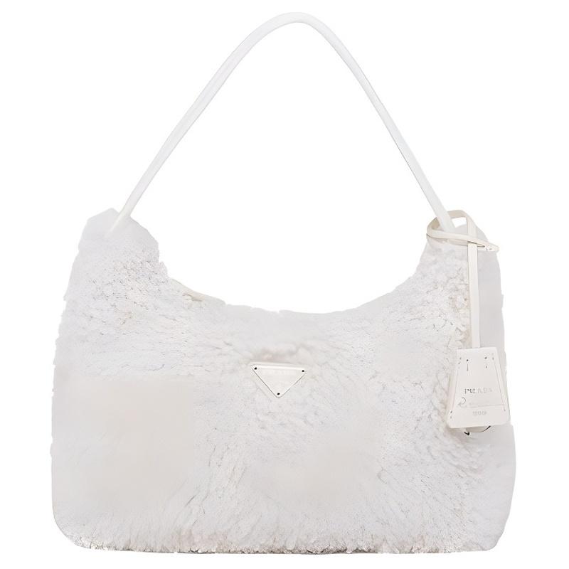 Prada Re-Edition plush Hobo series armpit bag classic silver buckle triangle logo wool nylon shoulder bag handbag women's white