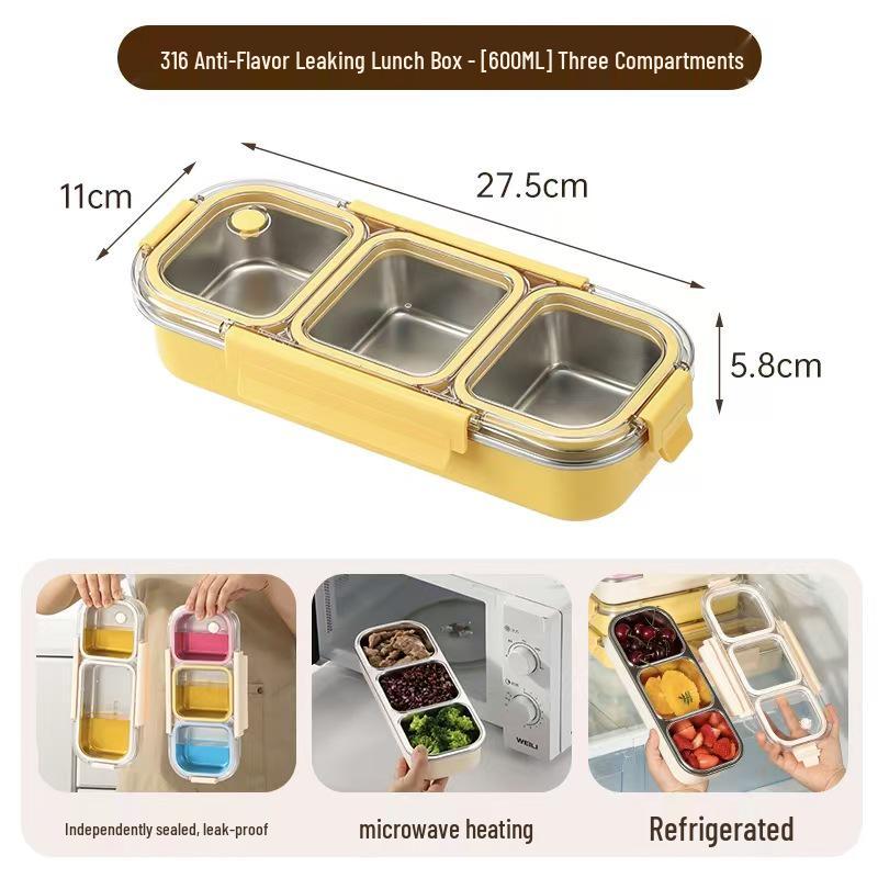 316 Stainless Steel Leak-Proof Bento Box with Three Compartments for Freshness and Fat Reduction