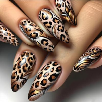 Leopard Print Nail Long Almond False Nail Full Cover Press On Nail Easy Application for Office Parties and Daily Use