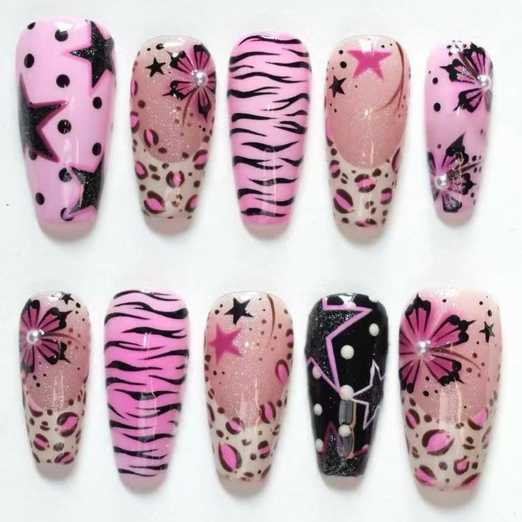 24PCS Spice Girls Stick on Fake Nails Pink Flowers Leopard Print French False Nails Golden Decor Square Wearable Simple Manicure