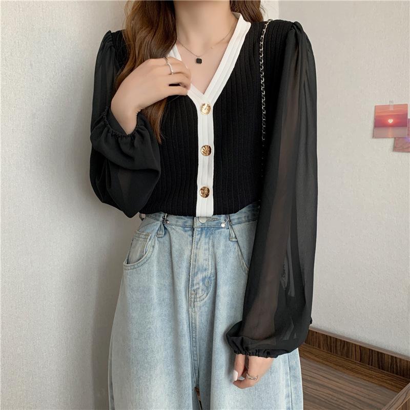 Autumn Winter Loose Casual V-neck Cardigan Sweater Women Long Sleeve Chiffon Patchwork Knitting Coat Top