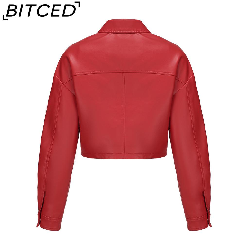 BITCED Spring/Autumn Loose-Fit Casual Leather Jacket for Women Long-Sleeved Single-Breasted Short-Length Jacket