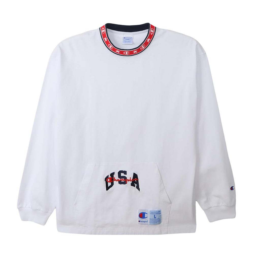 Champion Action Style Crew Neck Long Sleeve USA Embroidered Graphic Men's T-Shirt, 100% Cotton, Logo, White, C3-A423
