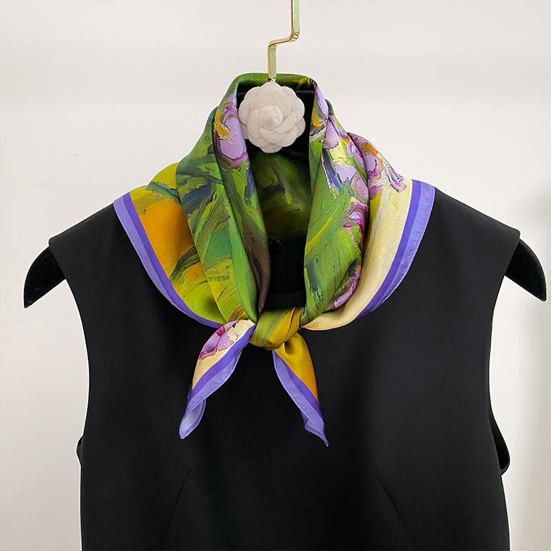 53Cm 100% Real Silk Scarf Square Bandelet Women'S Silk Temperament Small Scarf Neck Decorative Wrap Oil Printed Lavender Scarves