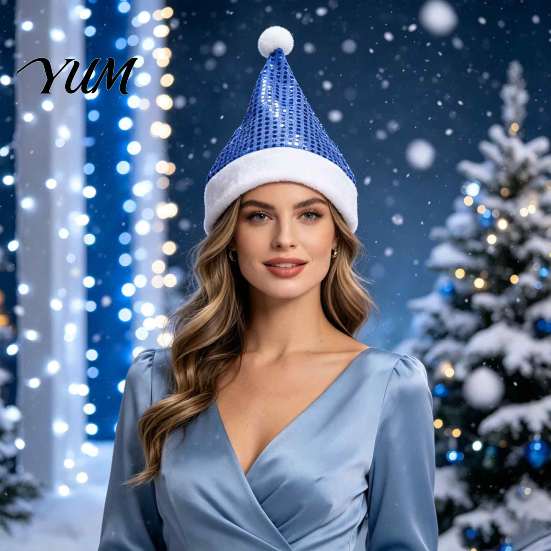 Christmas Photo Props Sequined Santa Hat for Adults, Sparkling Hat, Festive Party New Year Celebration with Pompom Holiday Costume Celebrations Family