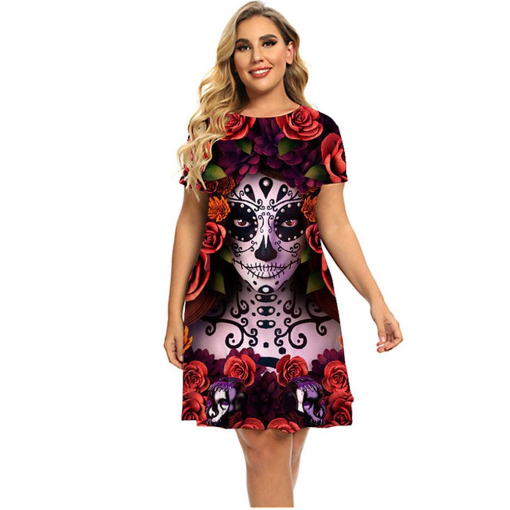 Slim Women's Dress Short Sleeve Skull Digital 3D Print Fashion V-Neck Women Clothes Summer Sexy Solid Color Casual A-line Dress