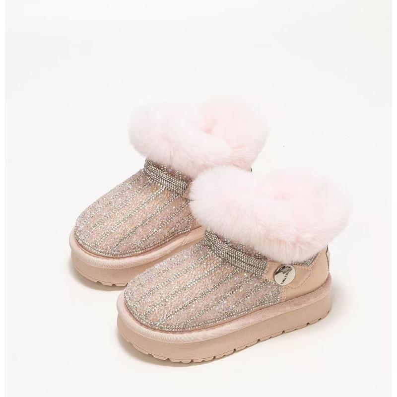 Kids Pink Fleece Lined Rhinestone Snow Boots Plush Collar Thick Sole Winter Ankle Boots 26 розовый