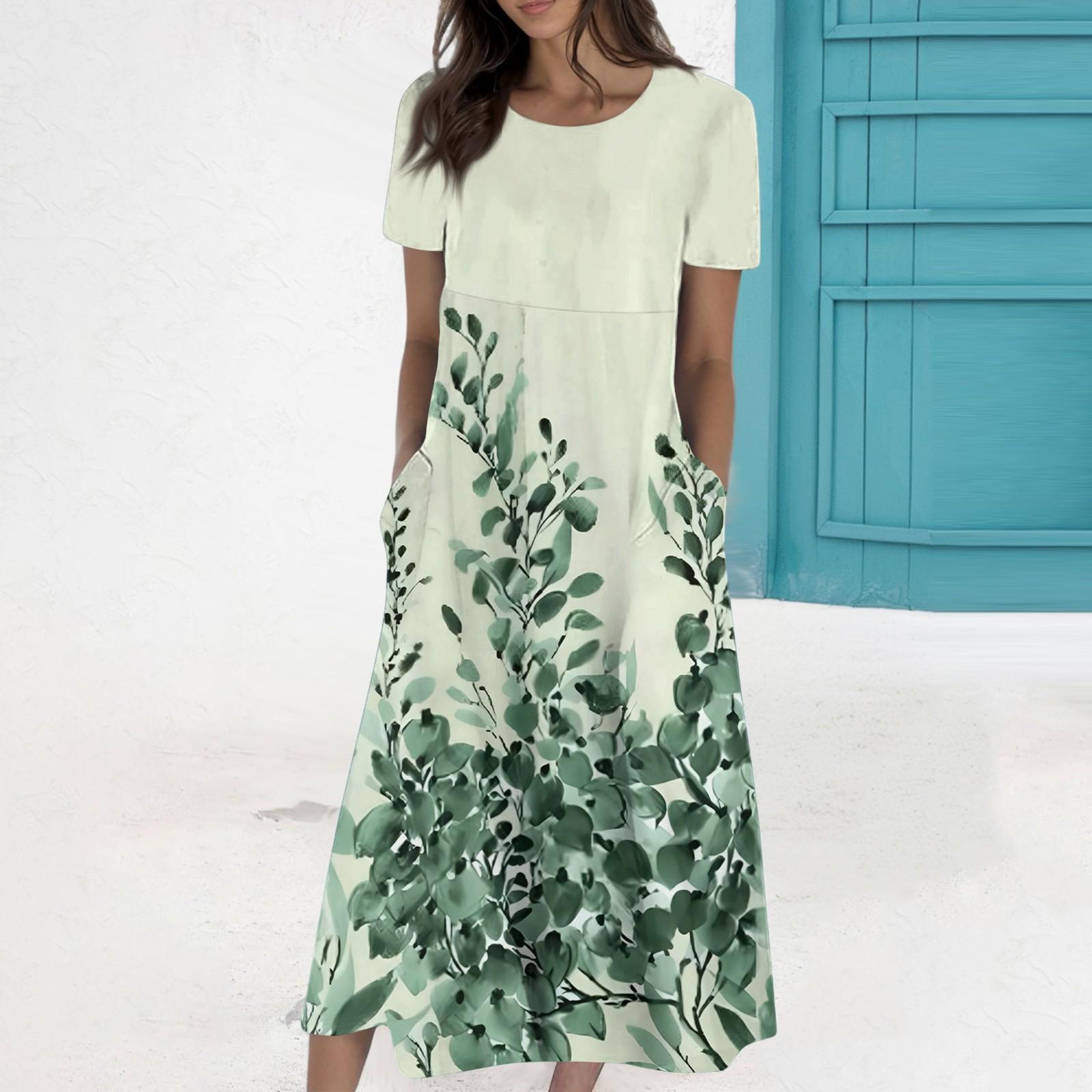 

Женское летнее повседневное модное платье с коротким рукавом и карманом с круглым вырезом XL зелёный