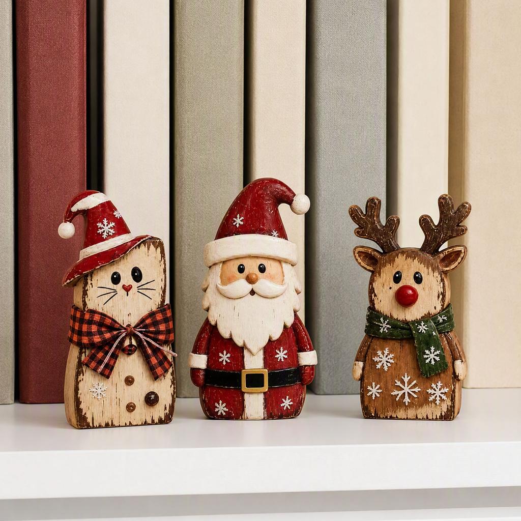 3-Piece Vintage Christmas Wooden Ornament Set Santa Reindeer Cat Festive Tabletop Decor