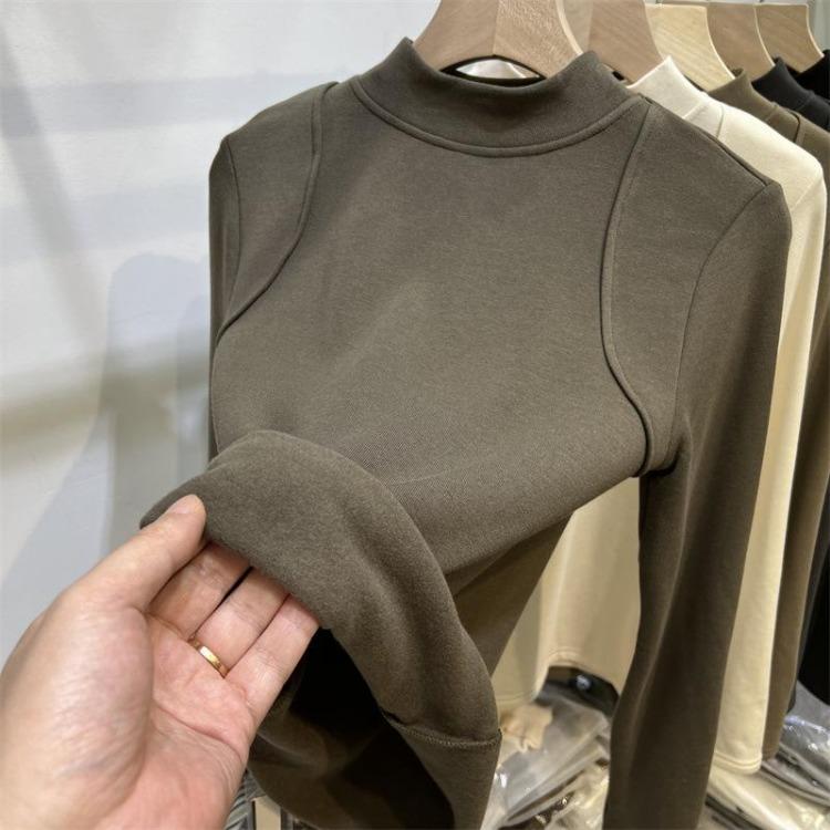 Neues Herbst Winter Hautfreundliches Basis-T-Shirt Warm Hoch Elastisch Fusseln-Resistent Langarm Halber Kragen Vielseitiges T-Shirt