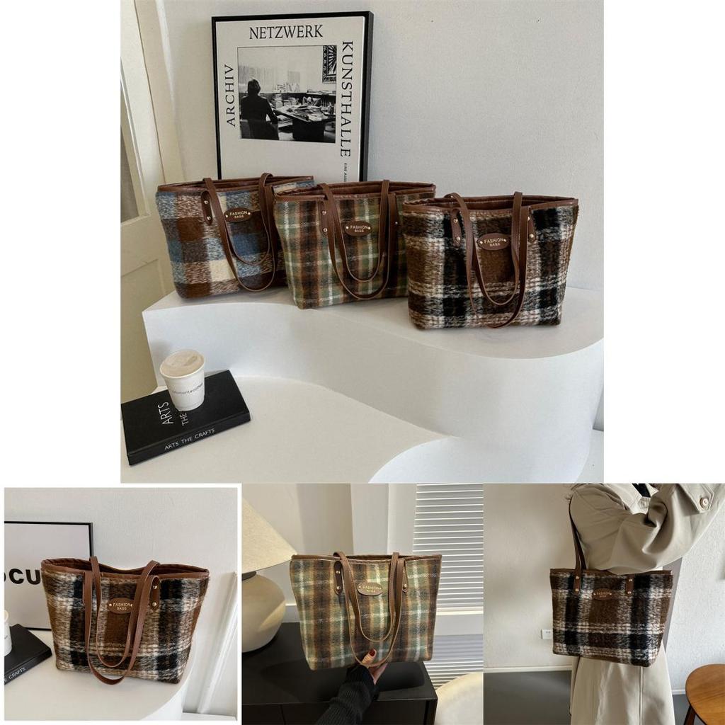 Large Capacity Stylish Plaid Single Shoulder Tote Bag For Women In 2023 Winter