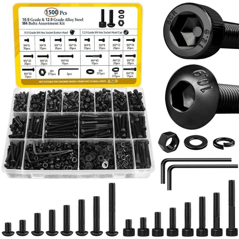 ABYN-1500PCS Screws With Nuts Assortment Kit, Hex Socket Button & Cap Head Bolts Nut And Washers Set For 3D Printer