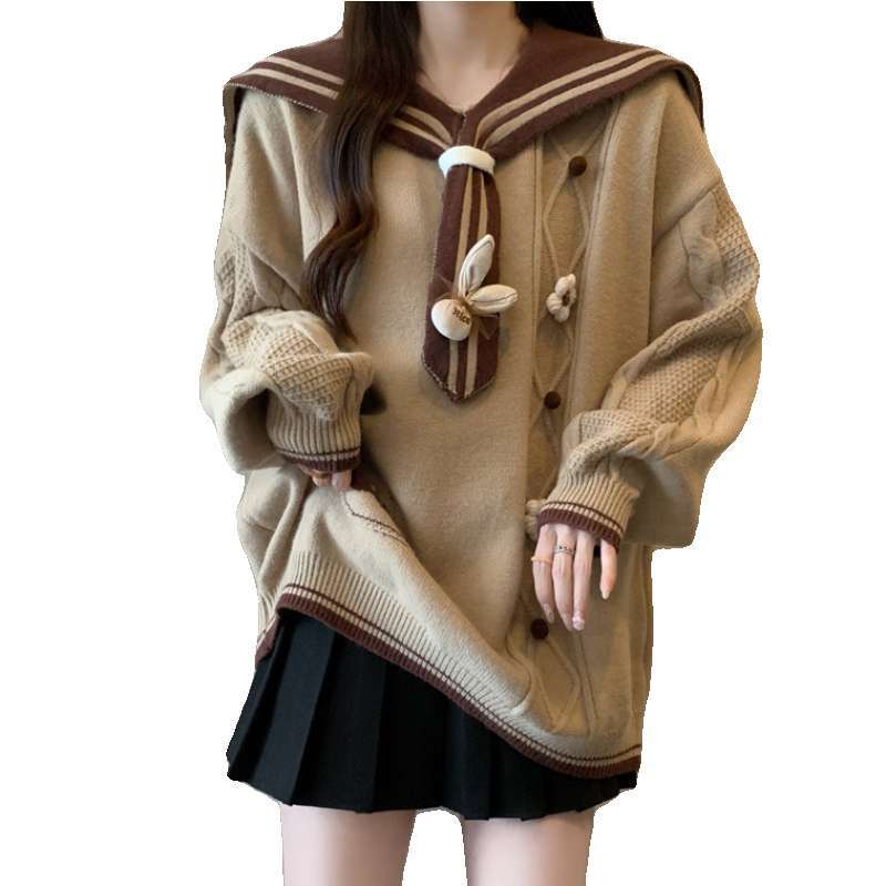 

Осень Зима Коричневый Вязаный Свитер Темно-синий Воротник Свободный Крой Повседневные Топы Корейская Мода Женская Верхняя Одежда M хаки