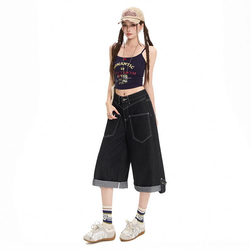Trendy Summer Oversized Raw Black Denim Cropped Capri Shorts For Women Casual Wide Leg Loose Fit Versatile Slimming FigureFlattering Daily Wear