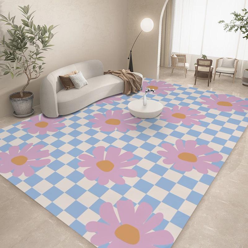 Checkered Floral Rug for Living Room Checkerboard Carpet Bedroom Bedside Rug Sofa Table Area Rug Floor Mats Anti-Slip Doormat