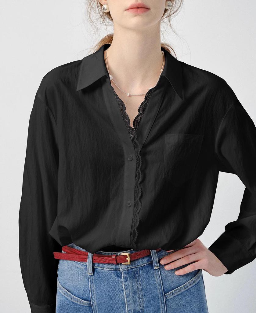 Women's VEGA Long Sleeve White Shirt - 2026 Spring Auroral Style with Lace Trim