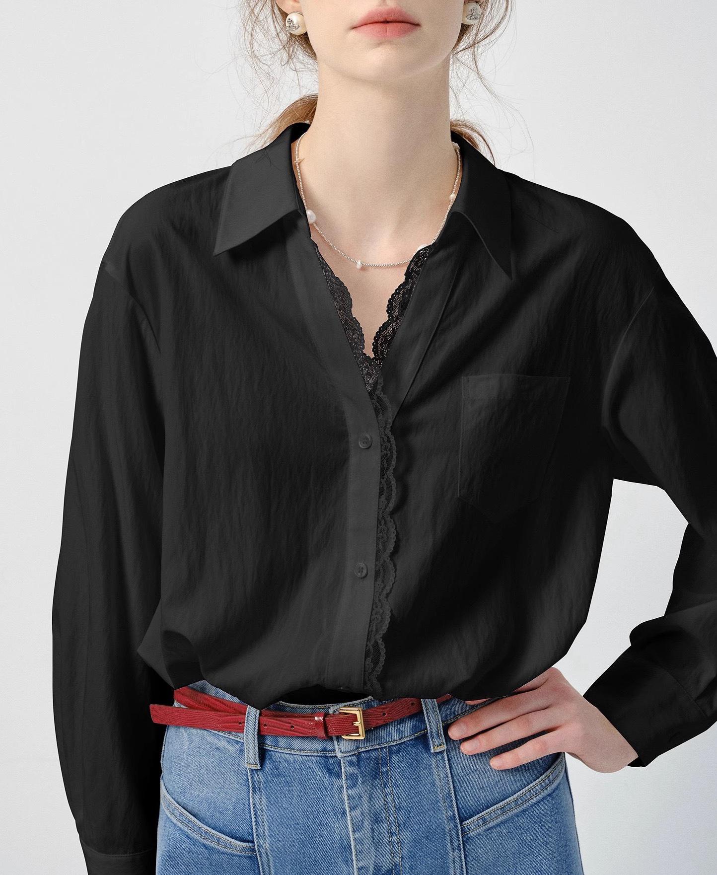 Women s VEGA Long Sleeve White Shirt - 2026 Spring Auroral Style with Lace Trim M чёрный