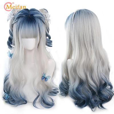 Synthetische lange Ombre bunte Cosplay Lolita Harajuku Perücke mit Pony natürliche wellige Halloween rosa lila blau tägliche Perücken
