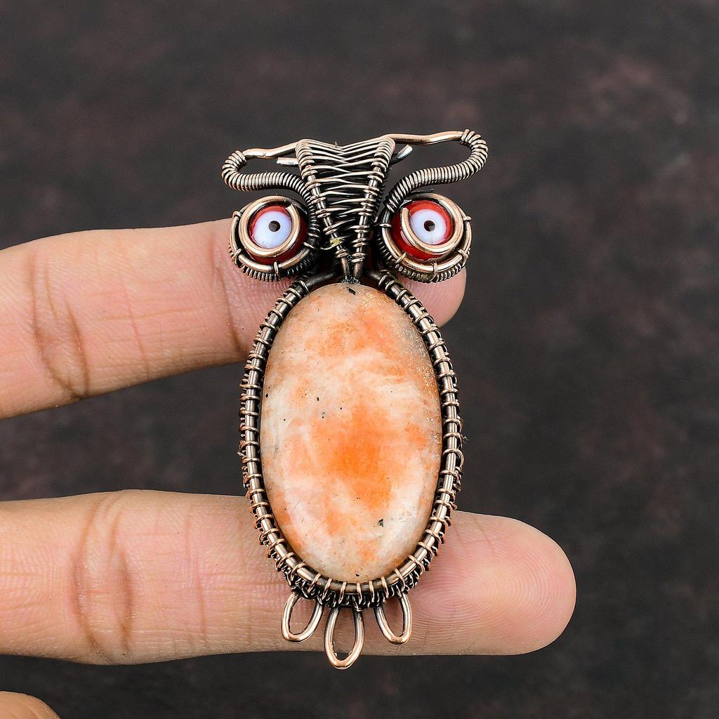 Sunstone Pendant Copper Wire Wrapped Pendant Sunstone Gemstone Jewelry Handmade Owl Pendant Unique Copper Jewelry Red Color Evil Eye Pendant