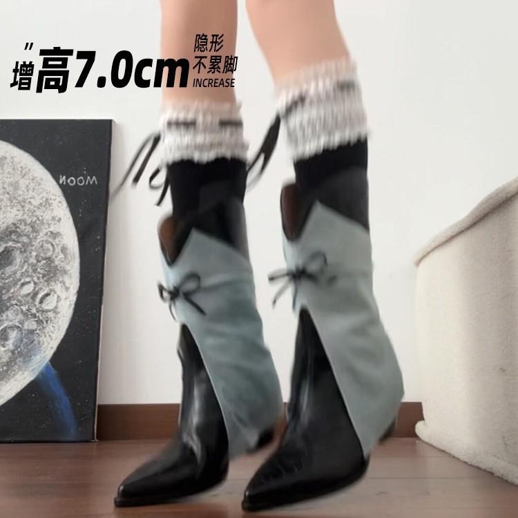 Niche design pointed denim shorts tube boots women's 2025 autumn slope heel bow short boots female designer tide