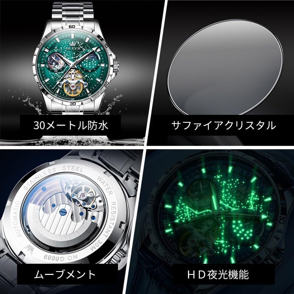 OLEVS Herren Automatikuhr mit Zifferblatt mit Sternenhimmel und Lederarmband, Wasserdicht, Schwarz