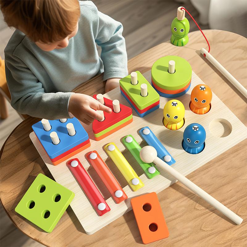 Montessori Toddler Color Sorting Toys 3-in-1 Wooden Shape Stacking Game Early Educational Colorful Learning Activity Blocks