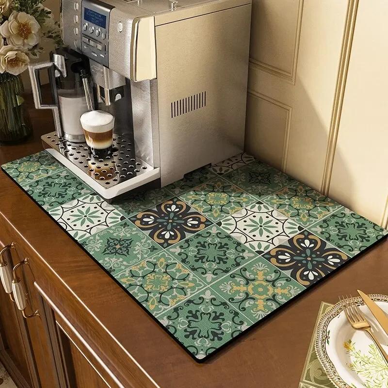 Classical Floral Diatomaceous Earth Coffee Machine Mat Kitchen Bar Absorbent Drainage Mat Thermal Insulation Dish Drying Mat