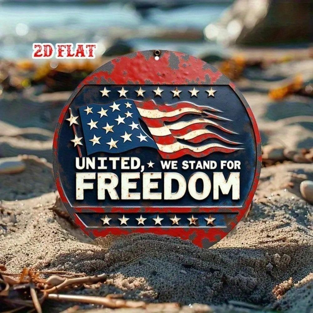 1pc Retro US Flag Metal Wall Decor, Rustic Round Patriotic Sign, Distressed Finish Red White Blue Stars