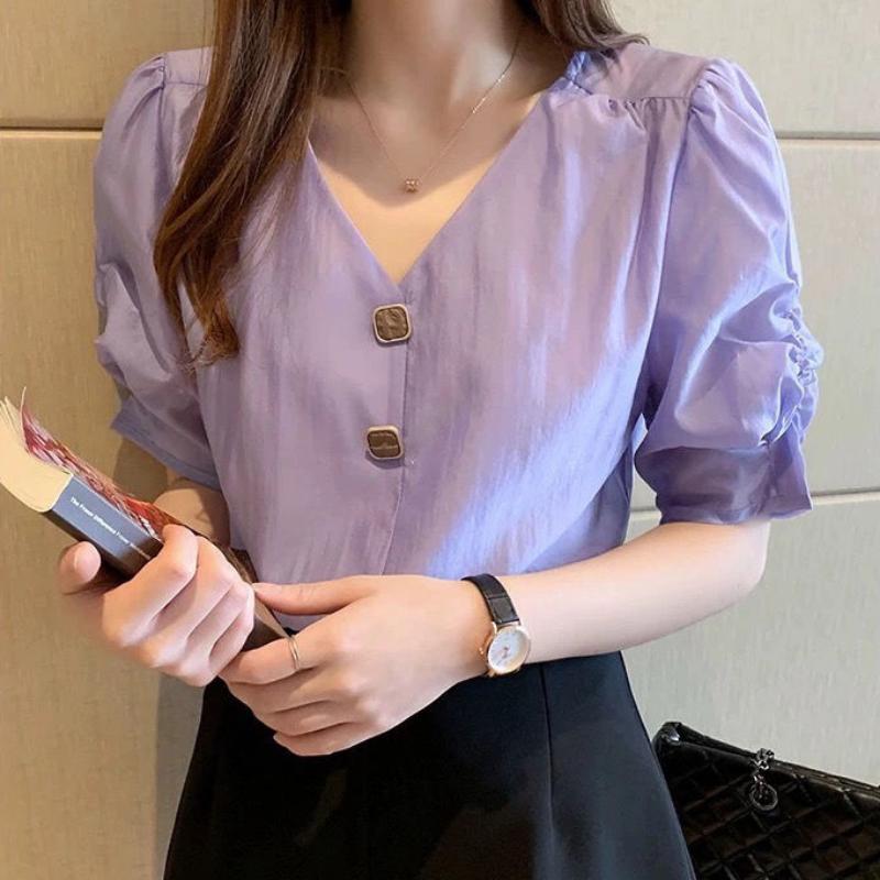 WTEMPO Brand Solid Colour Chiffon Shirt Women's Short-sleeved Shirt Summer Fashion Versatile Loose V-neck Bubble Sleeve Tops