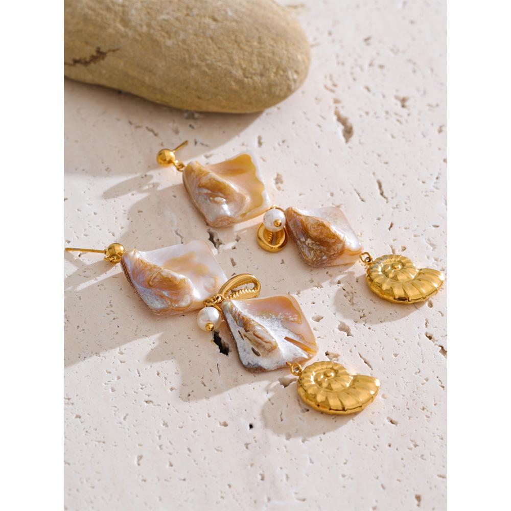 Eetit Ocean Series Square Shell Conch Drop Earrings Summer Holiday Golden Stainless Steel Jewelry Waterproof Recommend New
