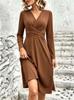 European and American new solid color V-neck waist cross-pleated long-sleeved medium and long dress long dress women's clothing