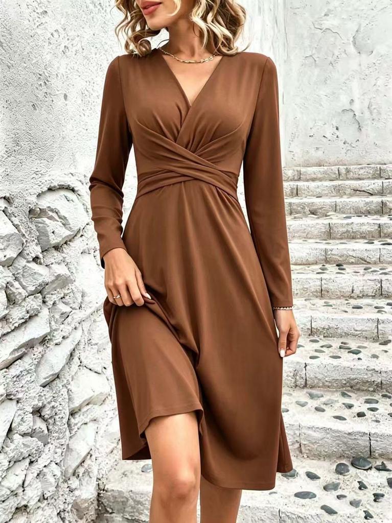 European and American new solid color V-neck waist cross-pleated long-sleeved medium and long dress long dress women's clothing